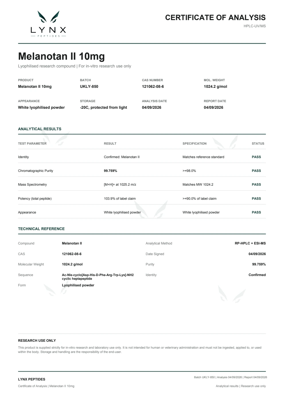 Melanotan II 10mg Certificate of Analysis, Lynx testing reference UKLY-850