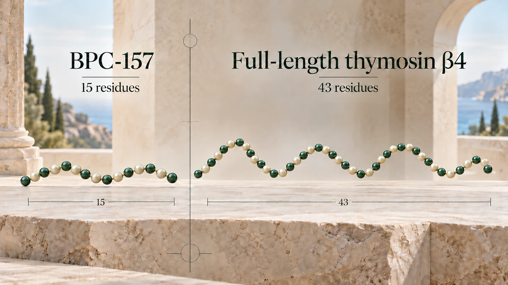 BPC-157 15-residue peptide compared with full-length 43-residue thymosin beta-4, illustrated as peptide chains of different lengths.