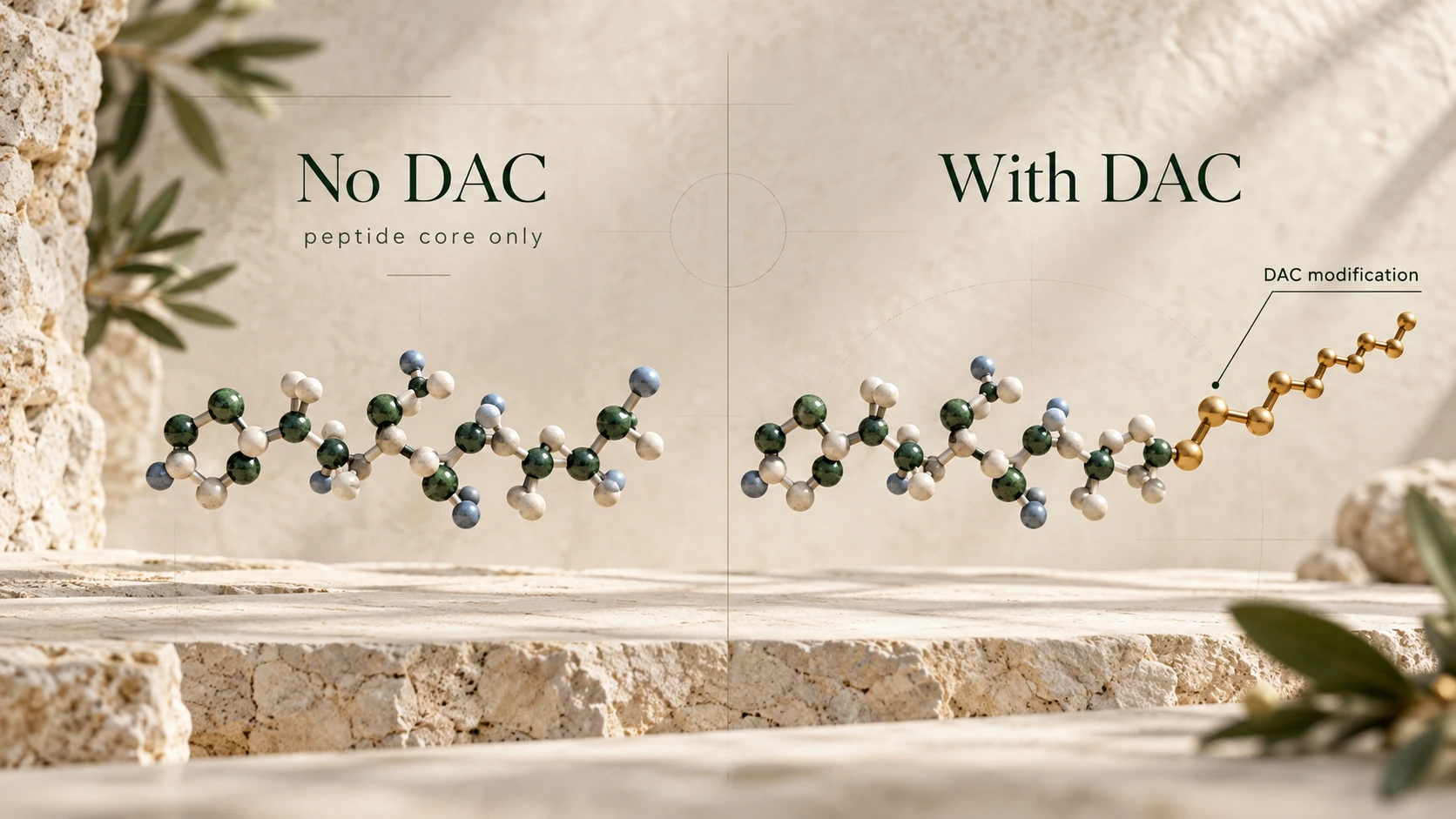 Conceptual peptide core comparison with and without a DAC-linked extension.