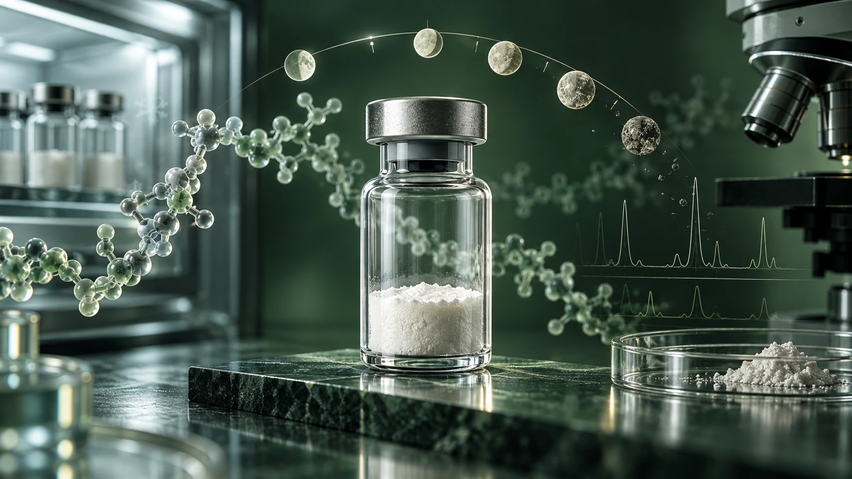 Conceptual research vial, time progression and analytical traces illustrating peptide stability questions.