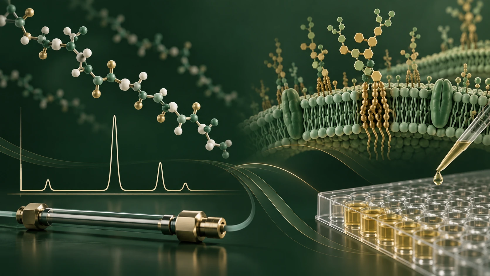 Conceptual peptide and chromatography column beside a stylised bacterial membrane, assay plate and pipette.
