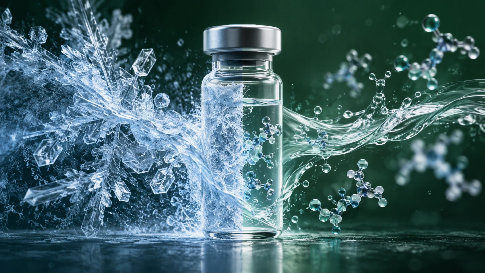 Conceptual vial between ice crystals and flowing liquid, with symbolic molecules against a forest-green background.