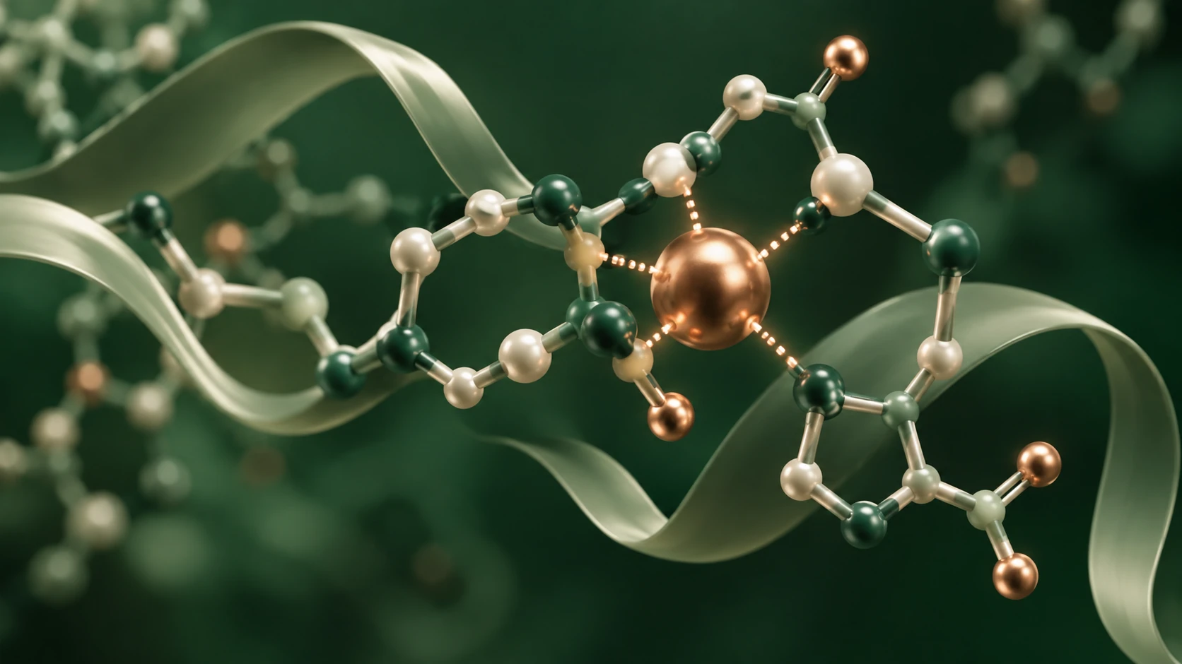 Conceptual copper-coloured sphere with dotted connections to a stylised molecular motif and surrounding ribbons.