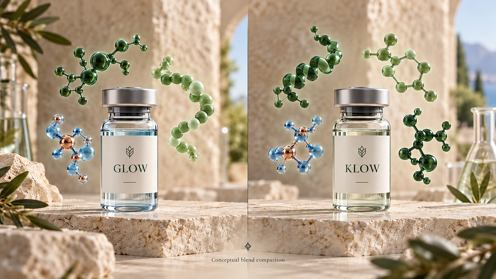 Conceptual GLOW vial with three component motifs and KLOW vial with four. Colours and motifs do not establish chemical structure or formulation appearance.