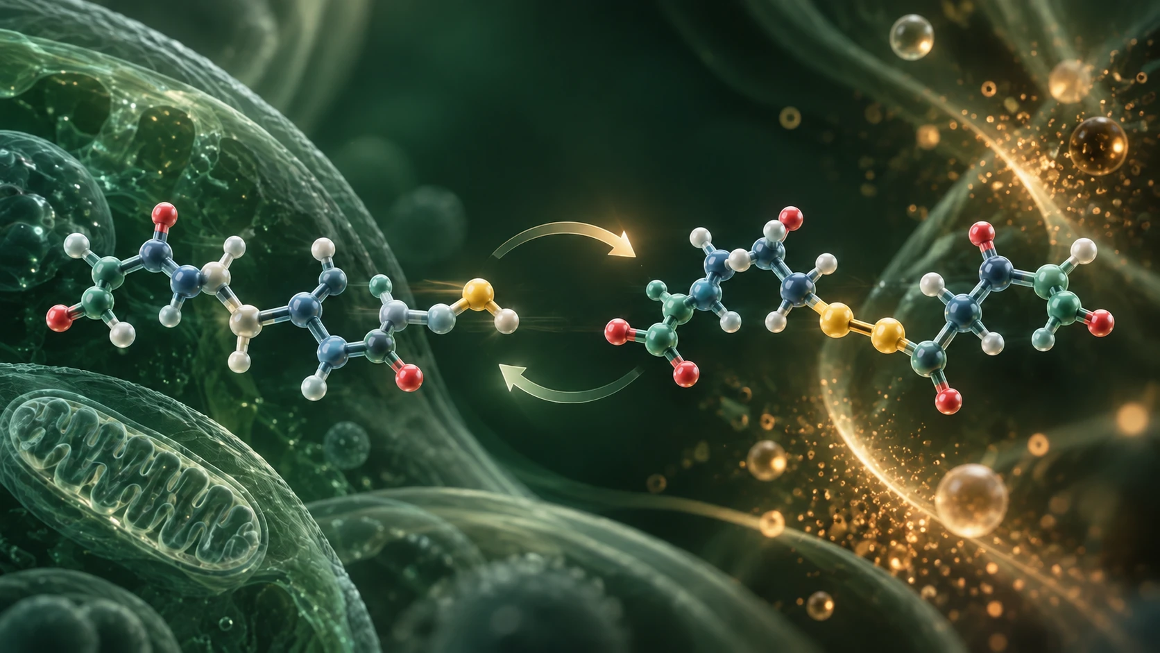 Conceptual sulfur-containing peptide motifs and arrows illustrating a redox cycle in a cellular setting.