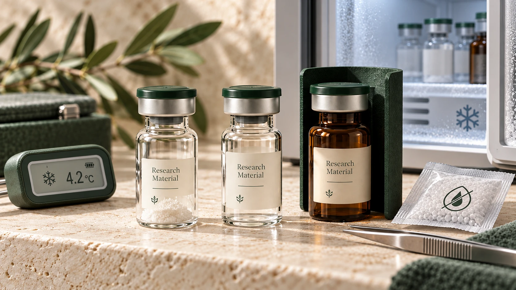 Conceptual research vials beside a cooler, amber vial, desiccant and illustrative 4.2°C display, not a temperature recommendation.