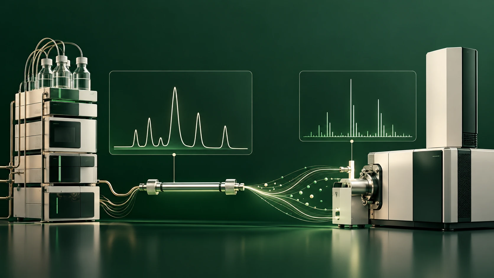 Conceptual chromatography equipment connected to a mass spectrometer, with illustrative chromatogram and mass-spectrum panels.
