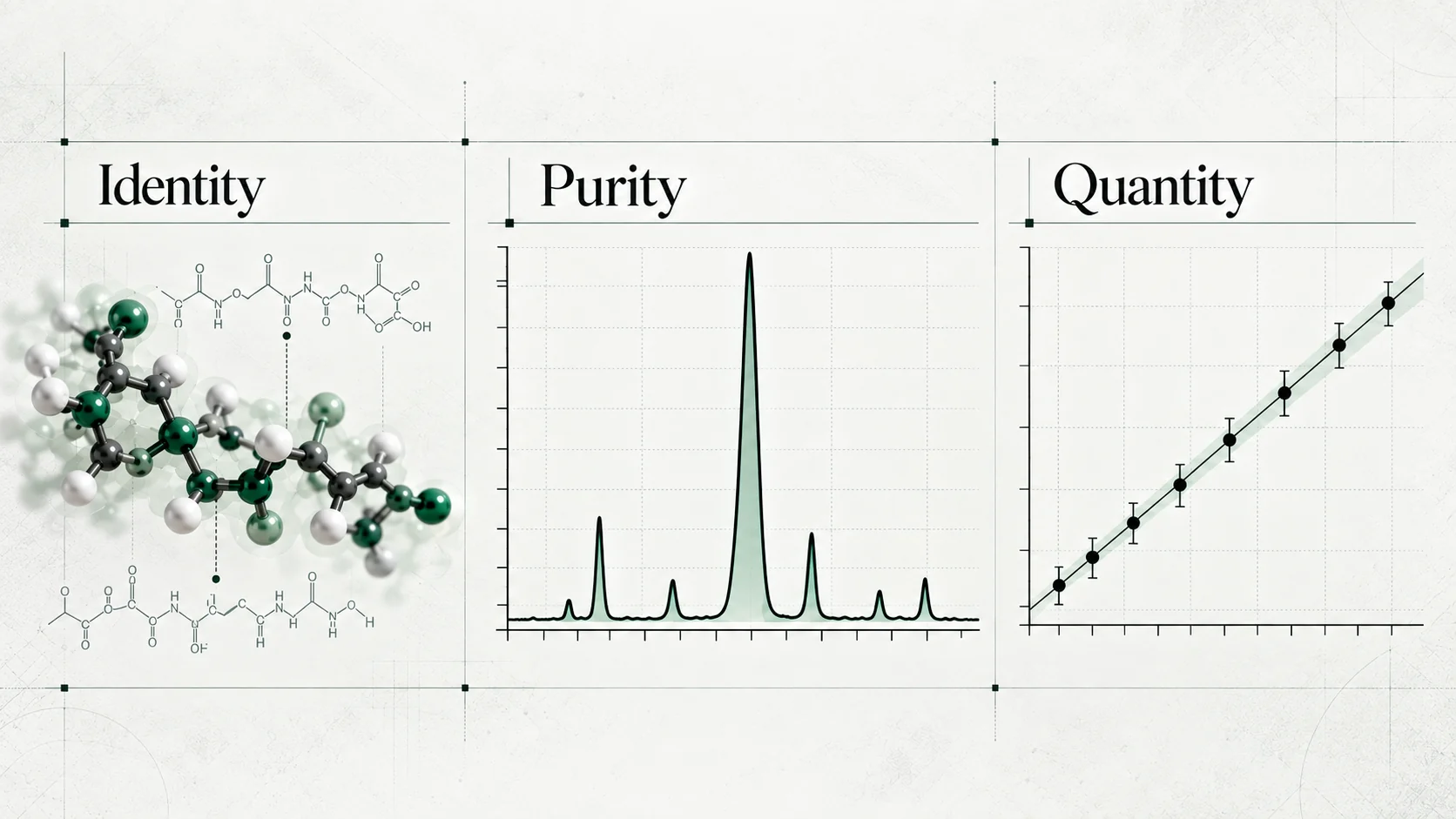 Analytical graphic showing molecular identity, chromatographic purity and quantitative measurement.