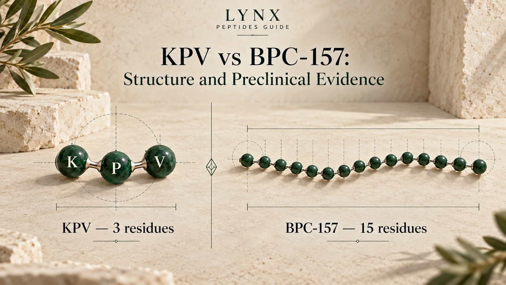 Conceptual connected chains comparing three-residue KPV with distinct 15-residue BPC-157.