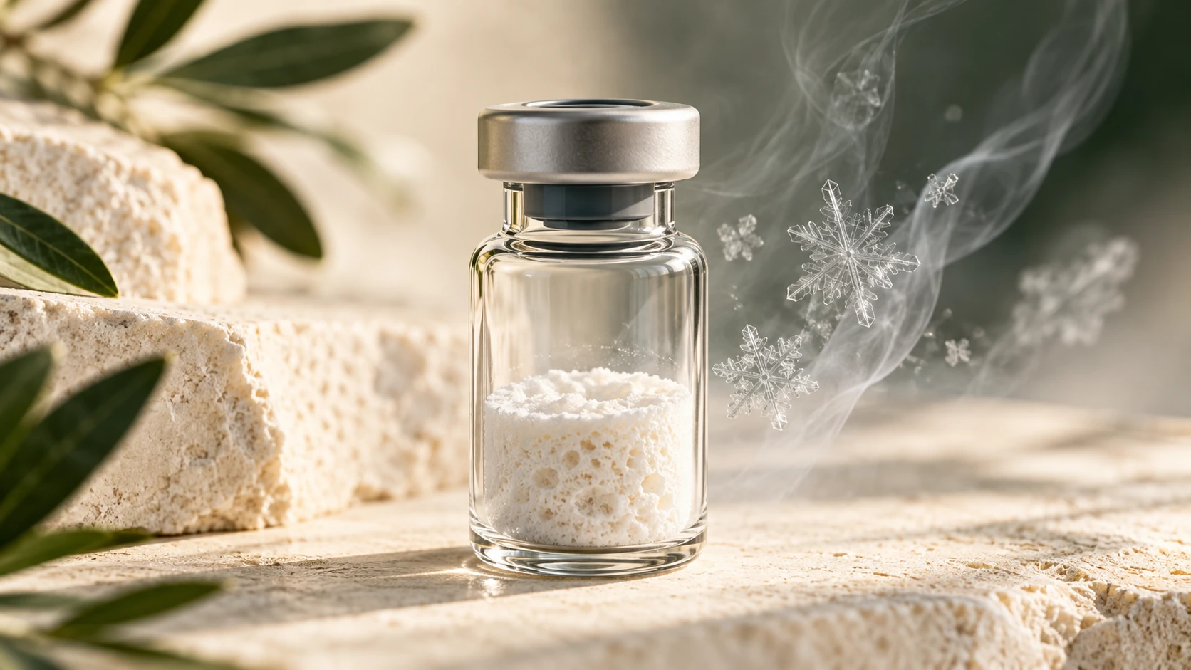 Conceptual vial containing a porous dried material with decorative ice crystals.