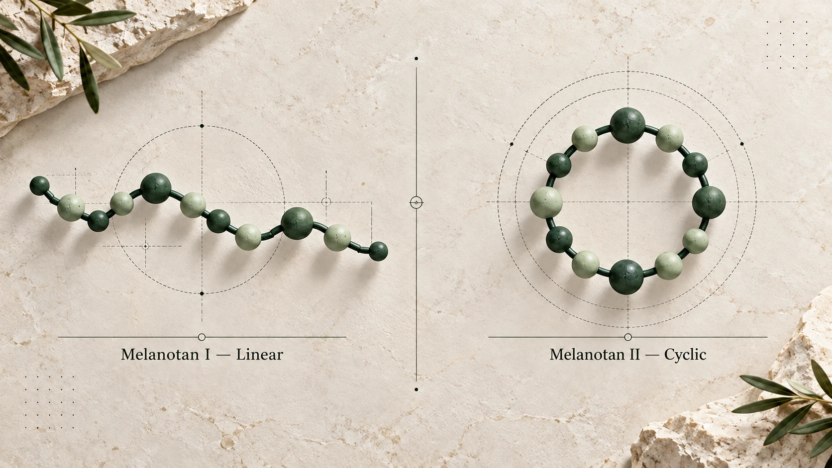 Symbolic open-chain and ring bead diagrams labelled Melanotan I and Melanotan II, not exact chemical structures or residue counts.