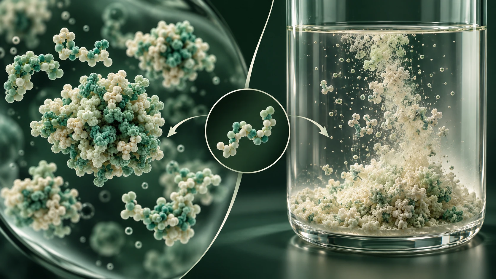Conceptual peptide assemblies alongside material separated into a solid deposit in liquid.