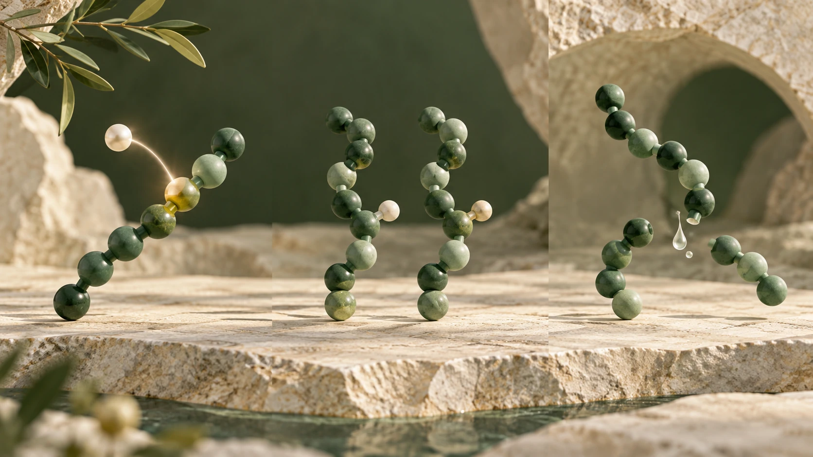 Three conceptual green bead-chain scenes suggesting modification, a changed side group and chain fragmentation on mineral stone.