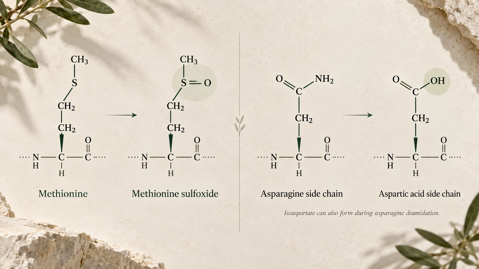 Conceptual oxidation and deamidation diagram beside a peptide illustration.