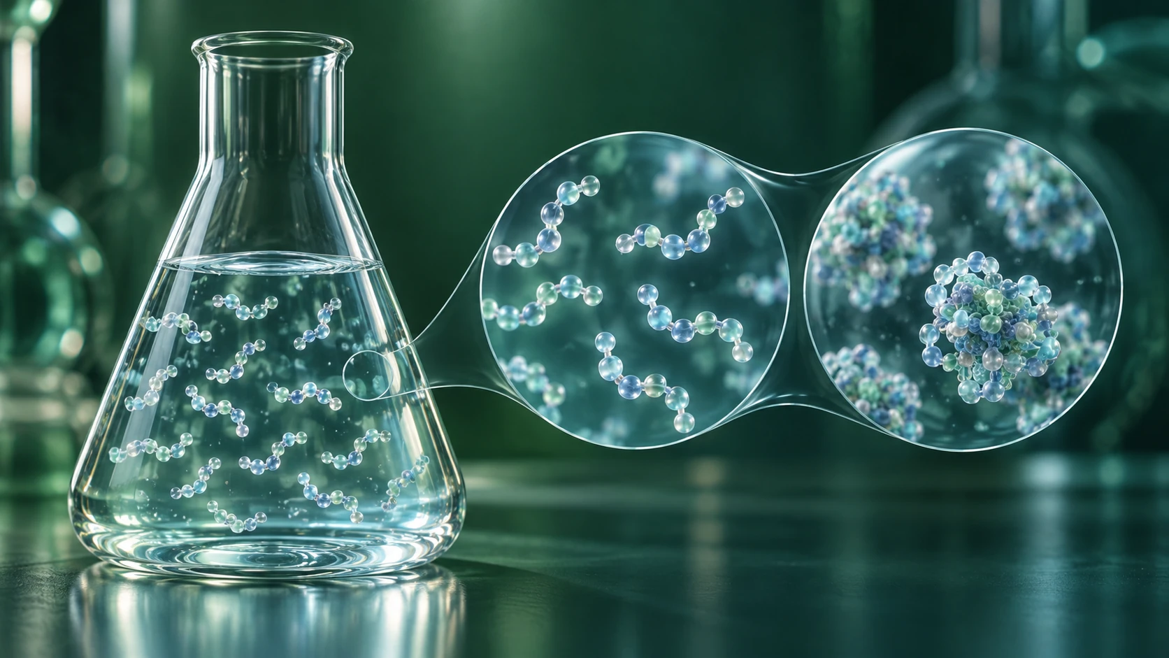 Flask beside enlarged conceptual views of separated peptide-like chains and an aggregate.