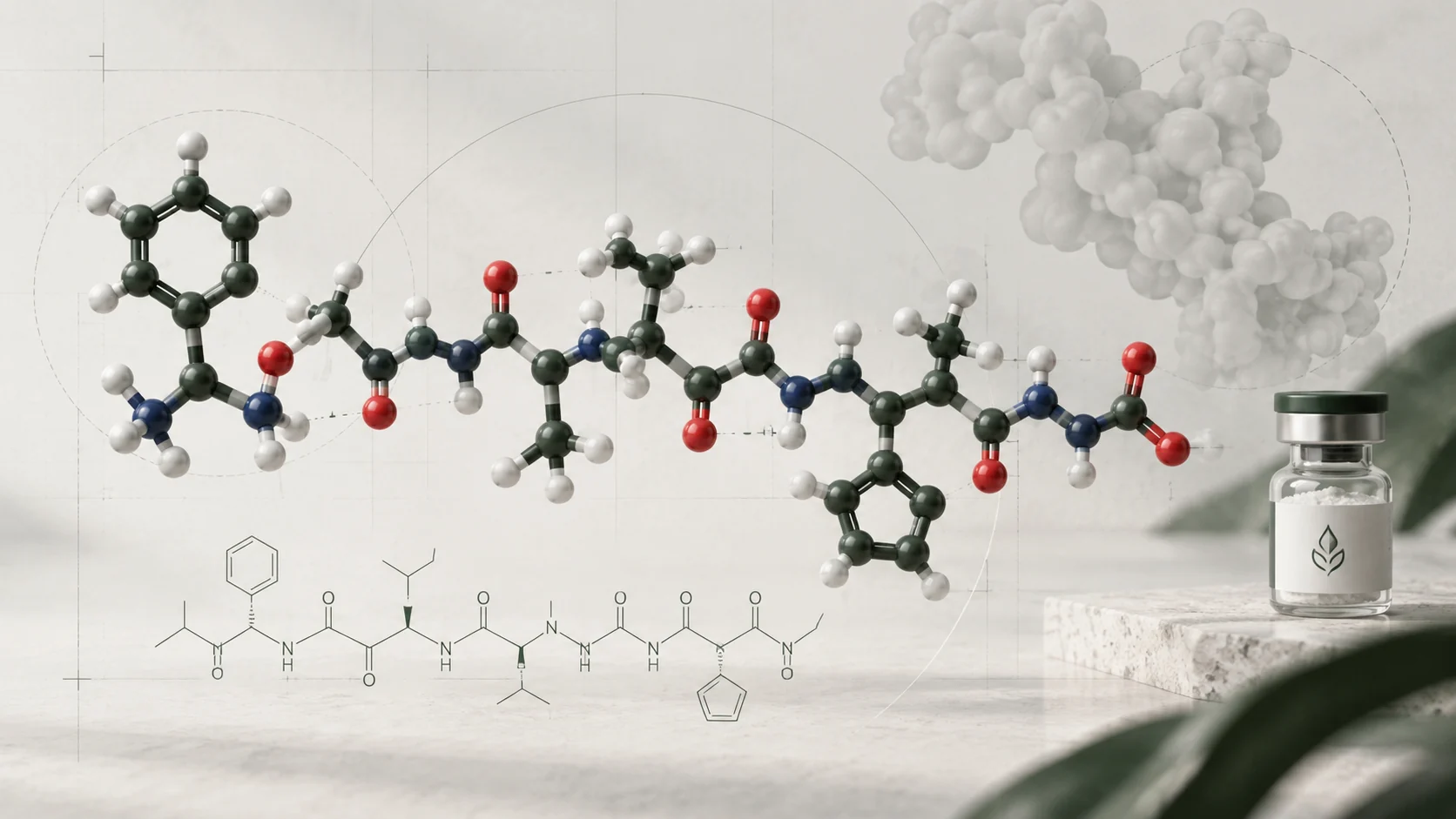 Peptide molecular structure shown with a skeletal formula and research vial.